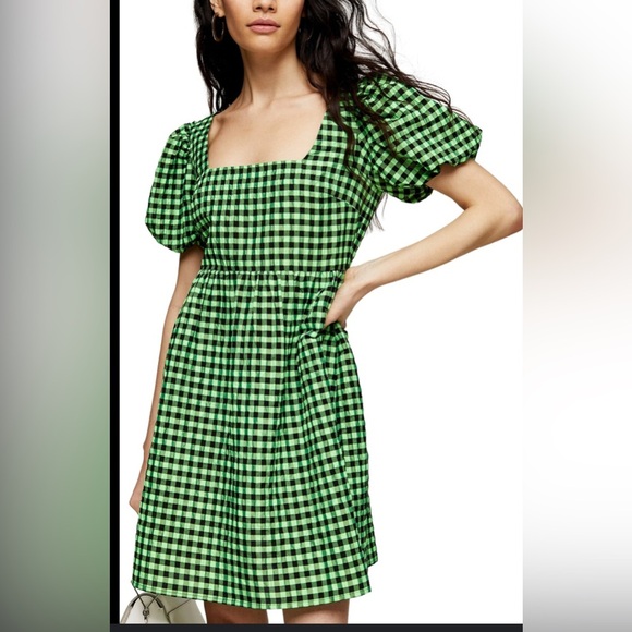TOPSHOP Lime Green Gingham Mini Dress size 6 puffy sleeves NNT - Picture 1 of 15